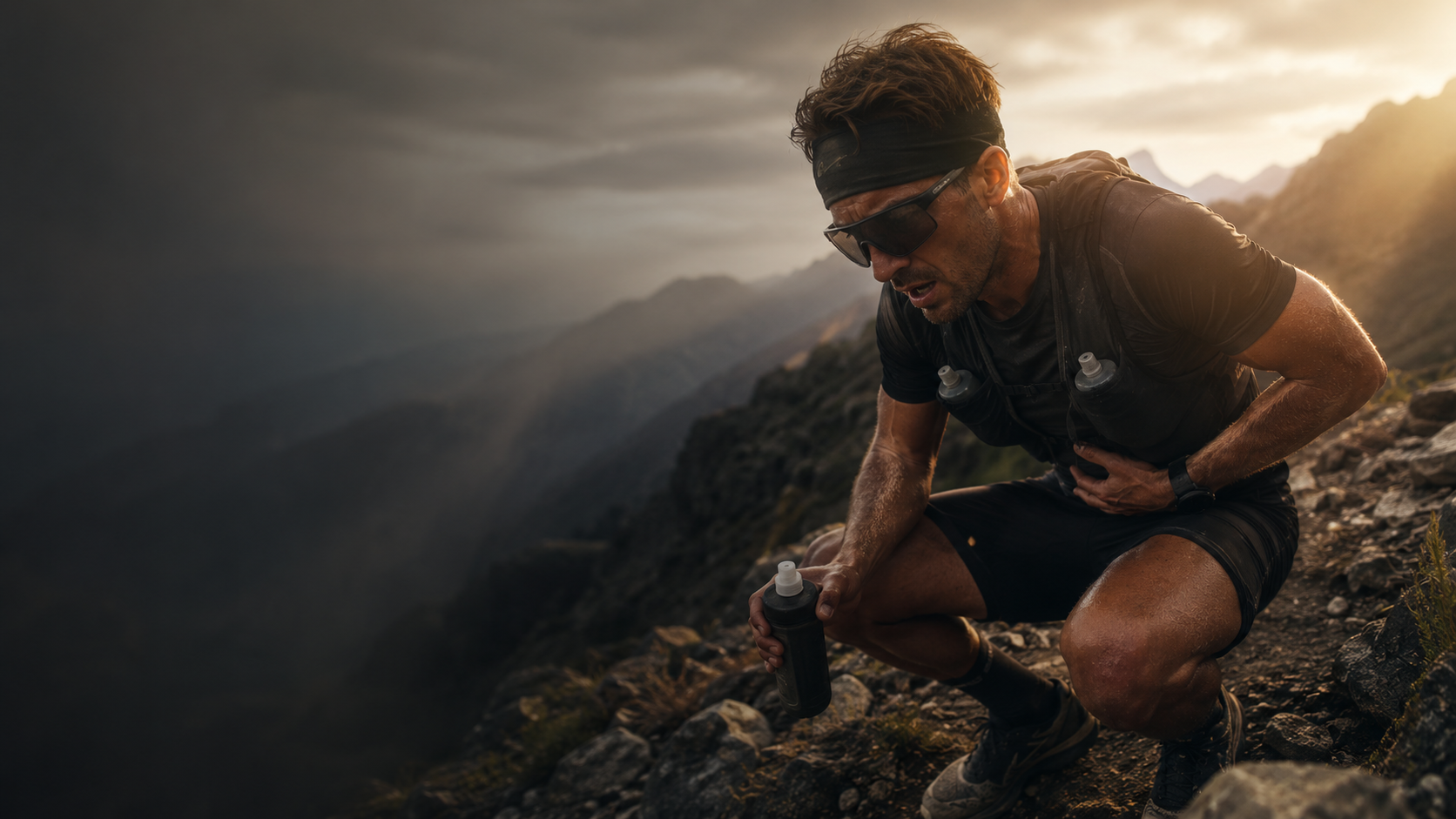 Trail runner crouched on a mountain ridge at sunset, holding his stomach with a soft flask in hand.
