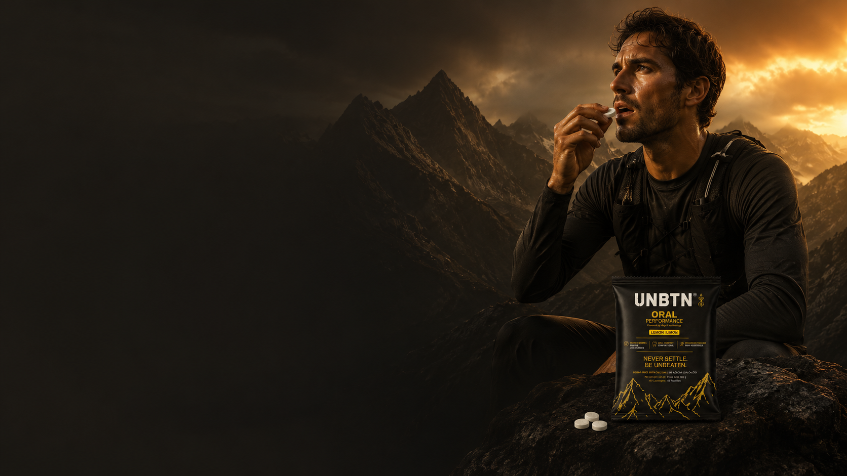 Endurance runner in the mountains taking an UNBTN Oral Performance lozenge at sunset, pouch visible on the rock.