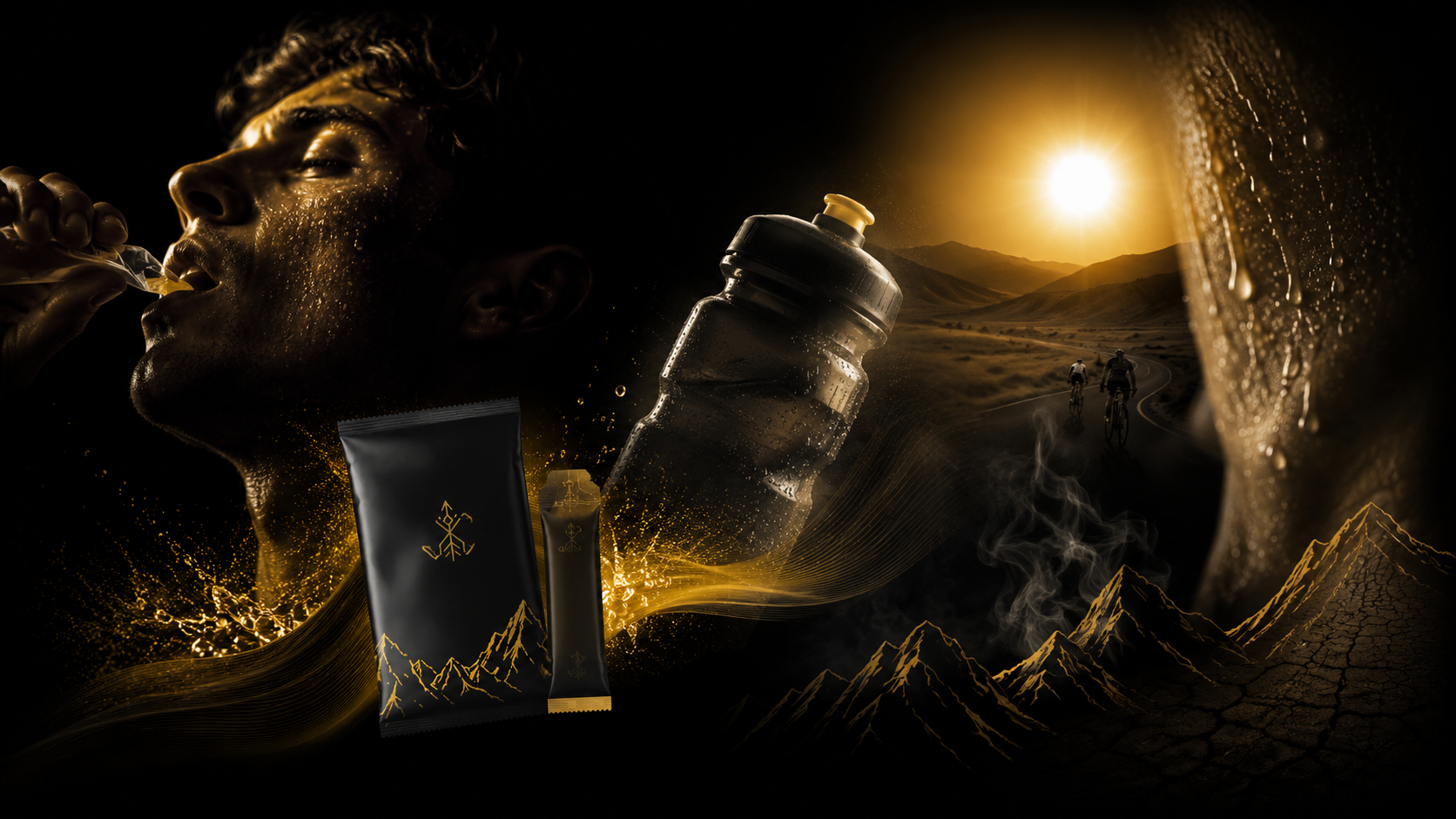 Composite endurance scene: athlete drinking from a gel, water bottle in mid-splash and cyclists on a road at sunrise, with UNBTN sachets in the foreground.