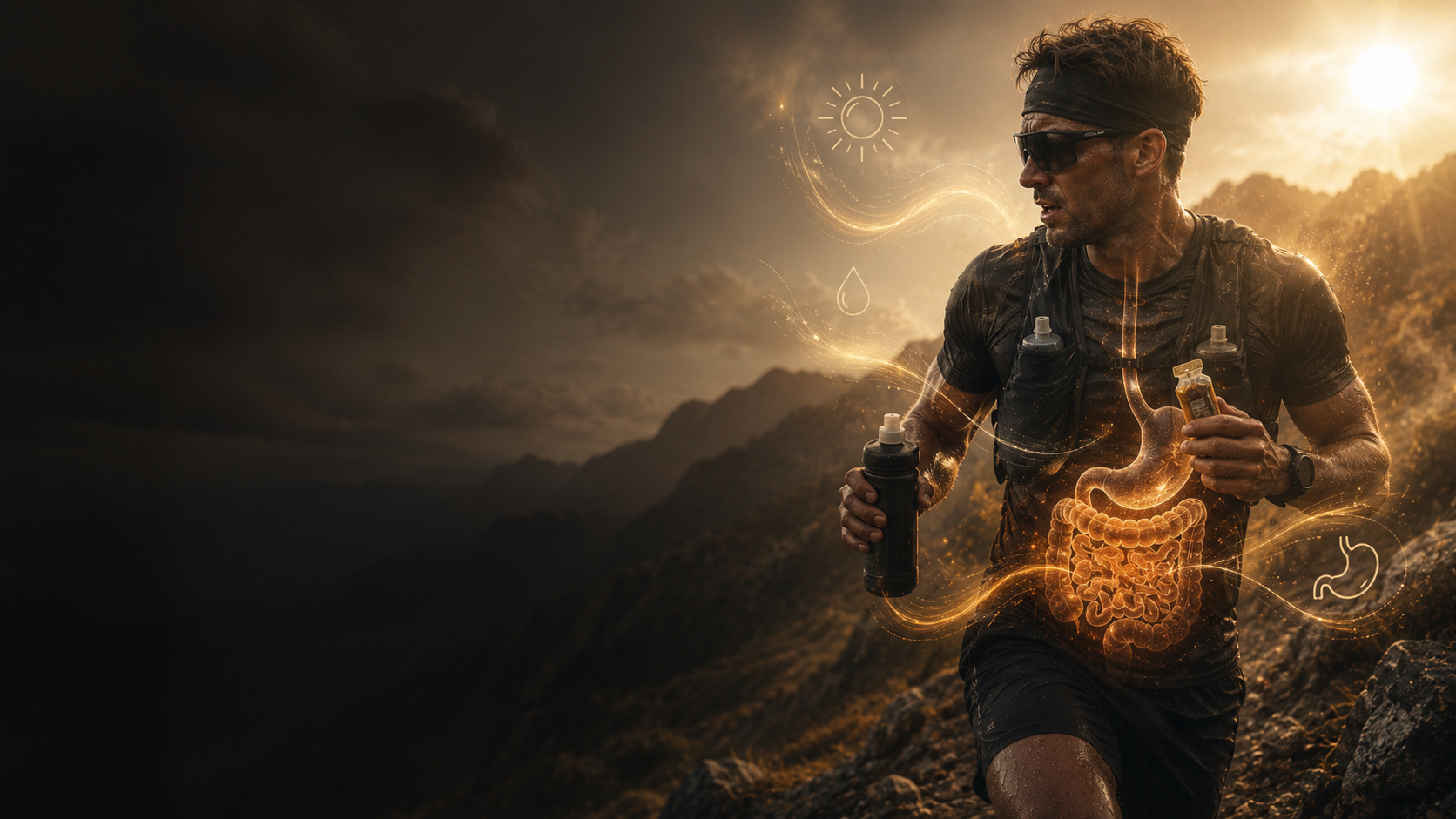 Trail runner in motion at sunrise with a stylised golden gut and glowing streams of sun, water and fuel wrapping around the torso.