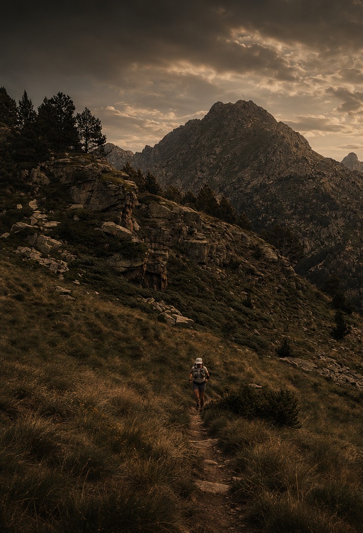 Runner on a mountain trail in the Pyrenees above Ordino, Andorra.