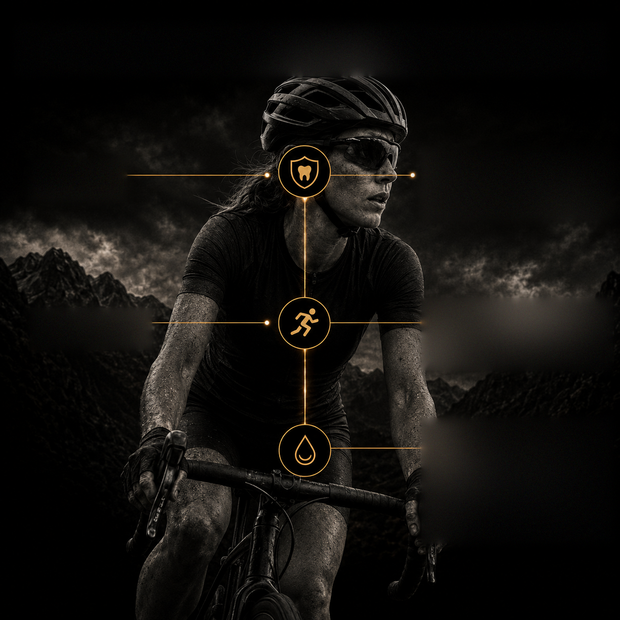 Black-and-white photograph of a female endurance cyclist in the mountains, with a gold vertical line linking three gold icons.