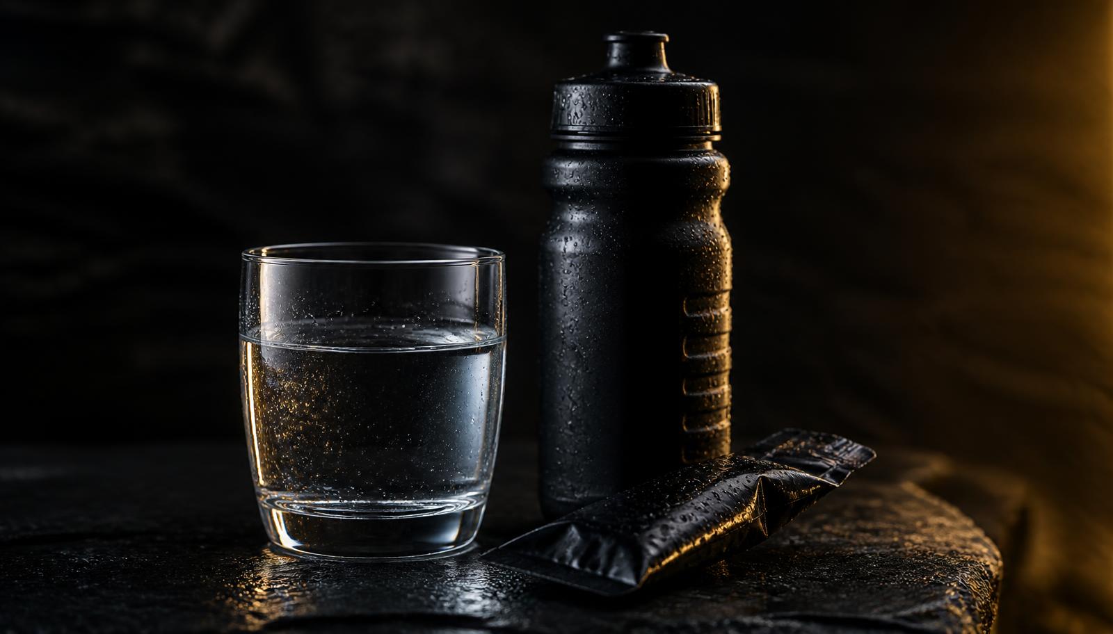 A glass of water beside a black sports bottle and a gel sachet on dark stone, lit with warm gold light.