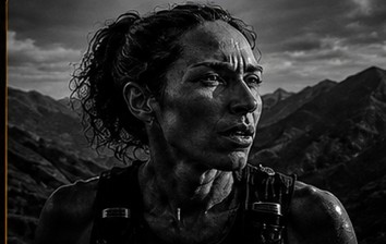 Trail runner breathing hard in the mountains, face covered in sweat.