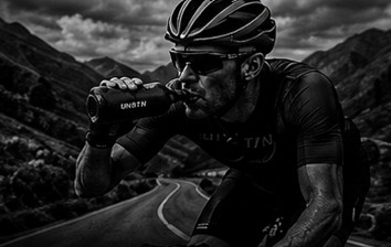 Cyclist drinking from a bottle on a mountain road during a long effort.