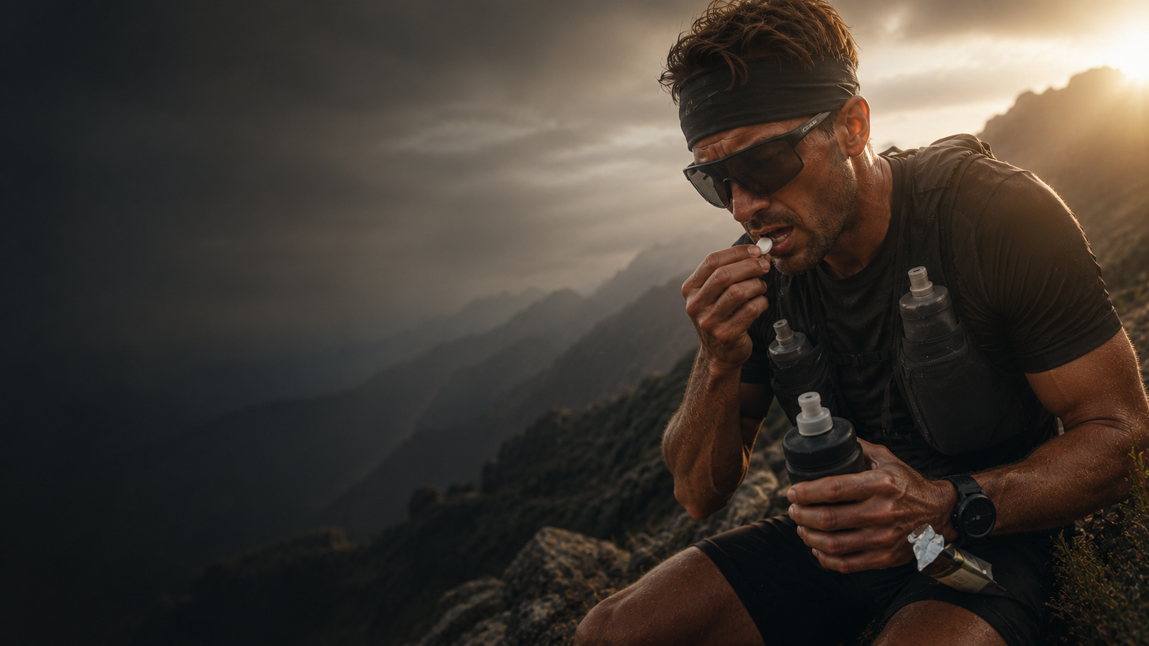 Trail runner seated on a rocky ridge at sunset, placing an UNBTN lozenge in his mouth with a soft flask in hand.