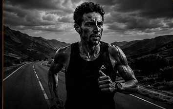 Runner pushing along an open mountain road under a heavy sky.