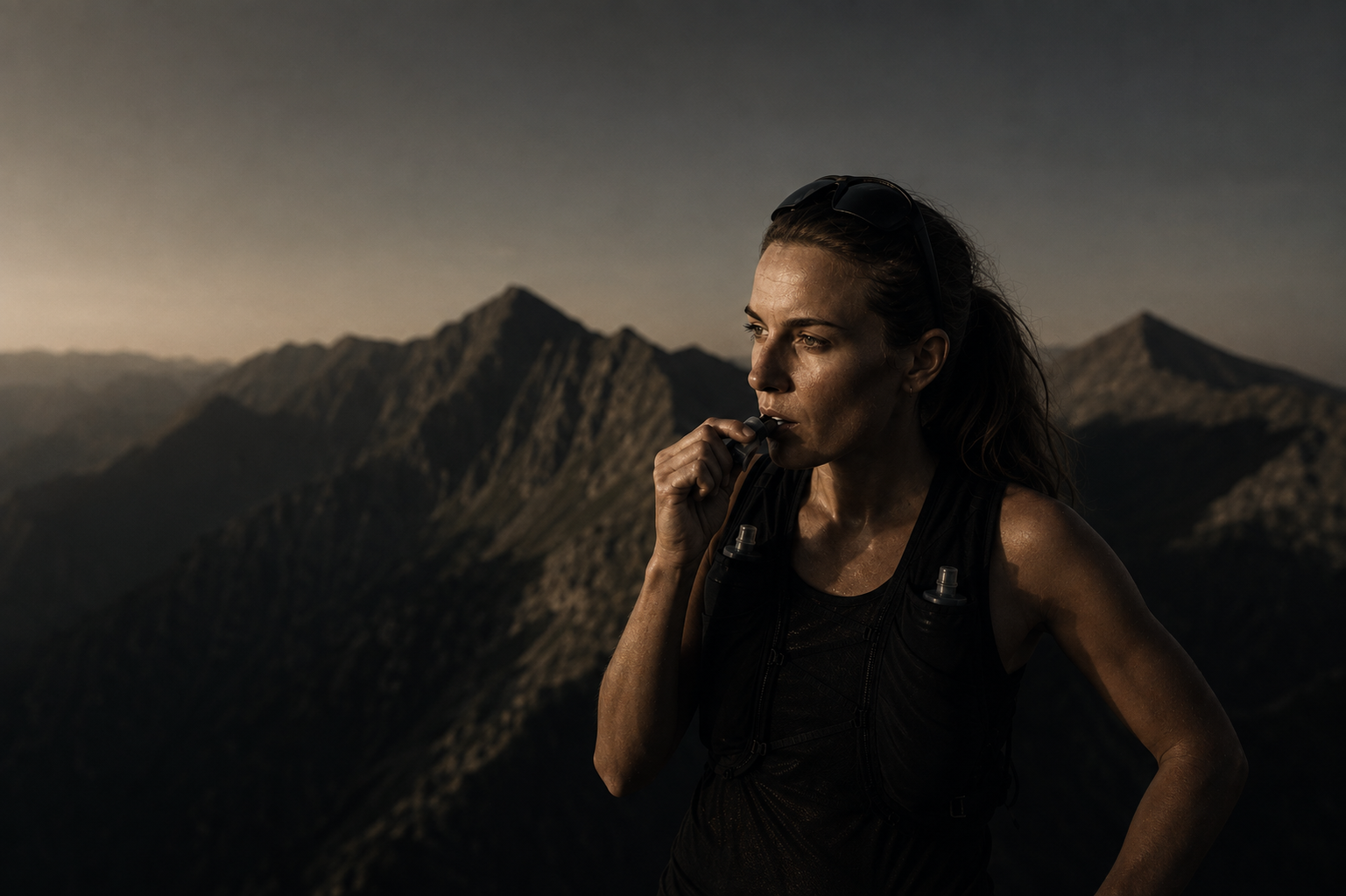 Female endurance athlete using a mouthpiece during a long mountain effort.
