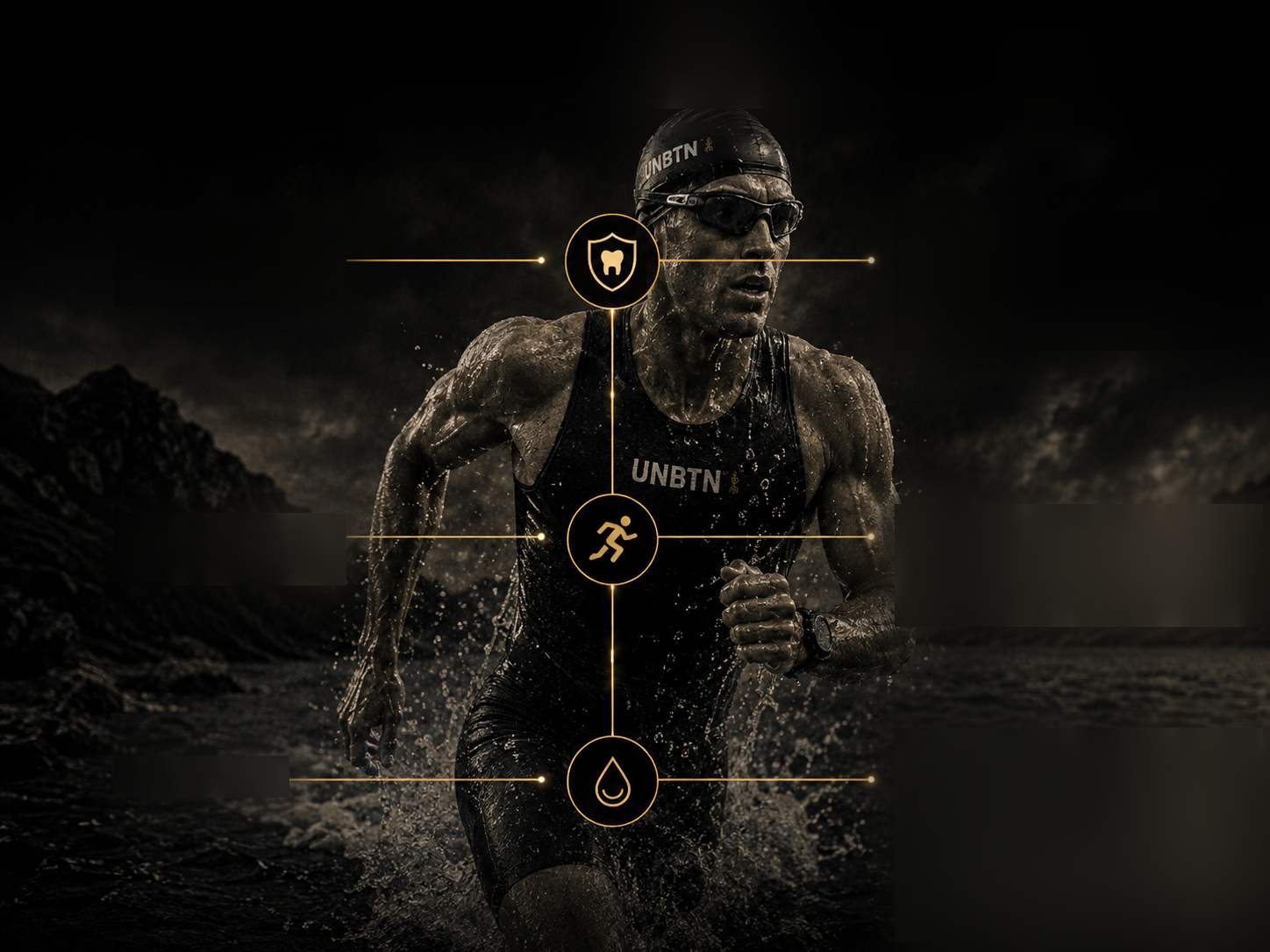 Black-and-white photograph of a male triathlete running out of the water in the mountains, with a gold vertical line linking three gold icons.