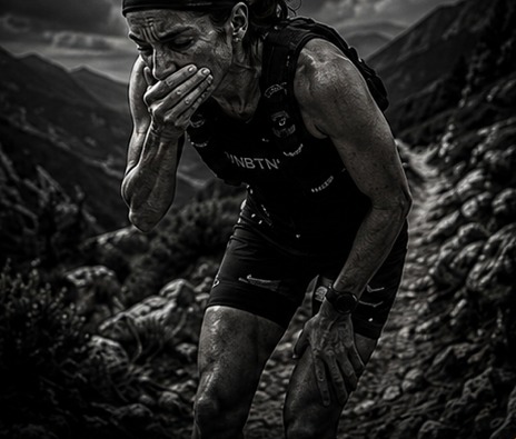 Trail runner bent over on a mountain trail, hand covering her mouth.