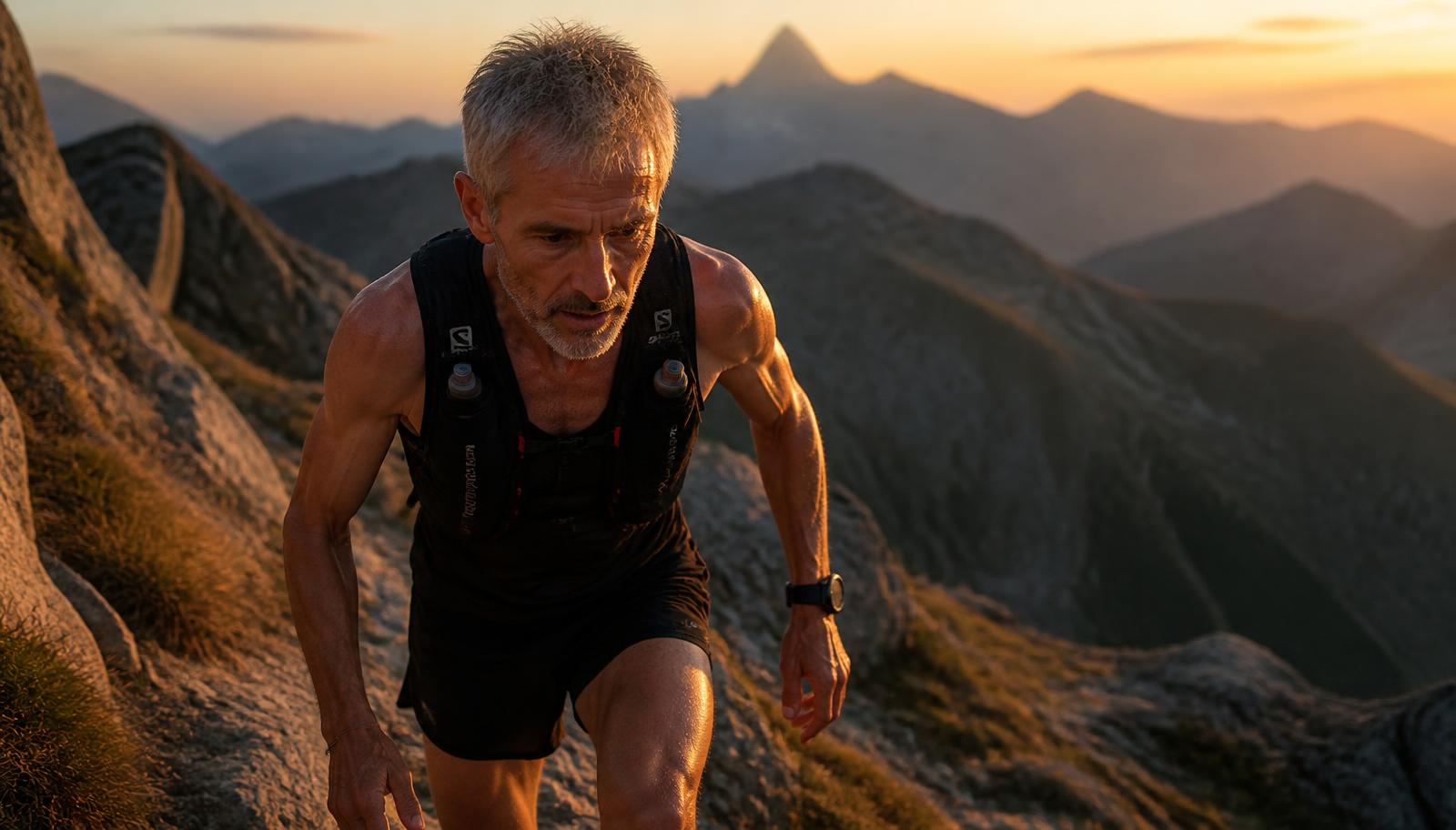 Grey-haired trail runner climbing a Pyrenean ridge in golden evening light.