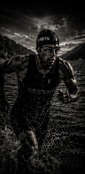 Triathlete surging out of open water in a swim skin and goggles.