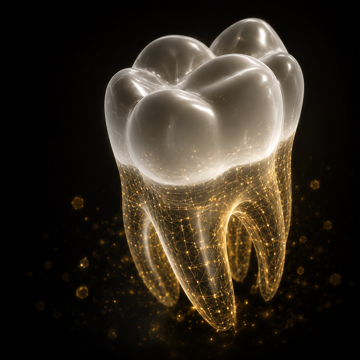 Close-up of a tooth with a hydroxyapatite crystal structure, rendered in gold and stone tones.