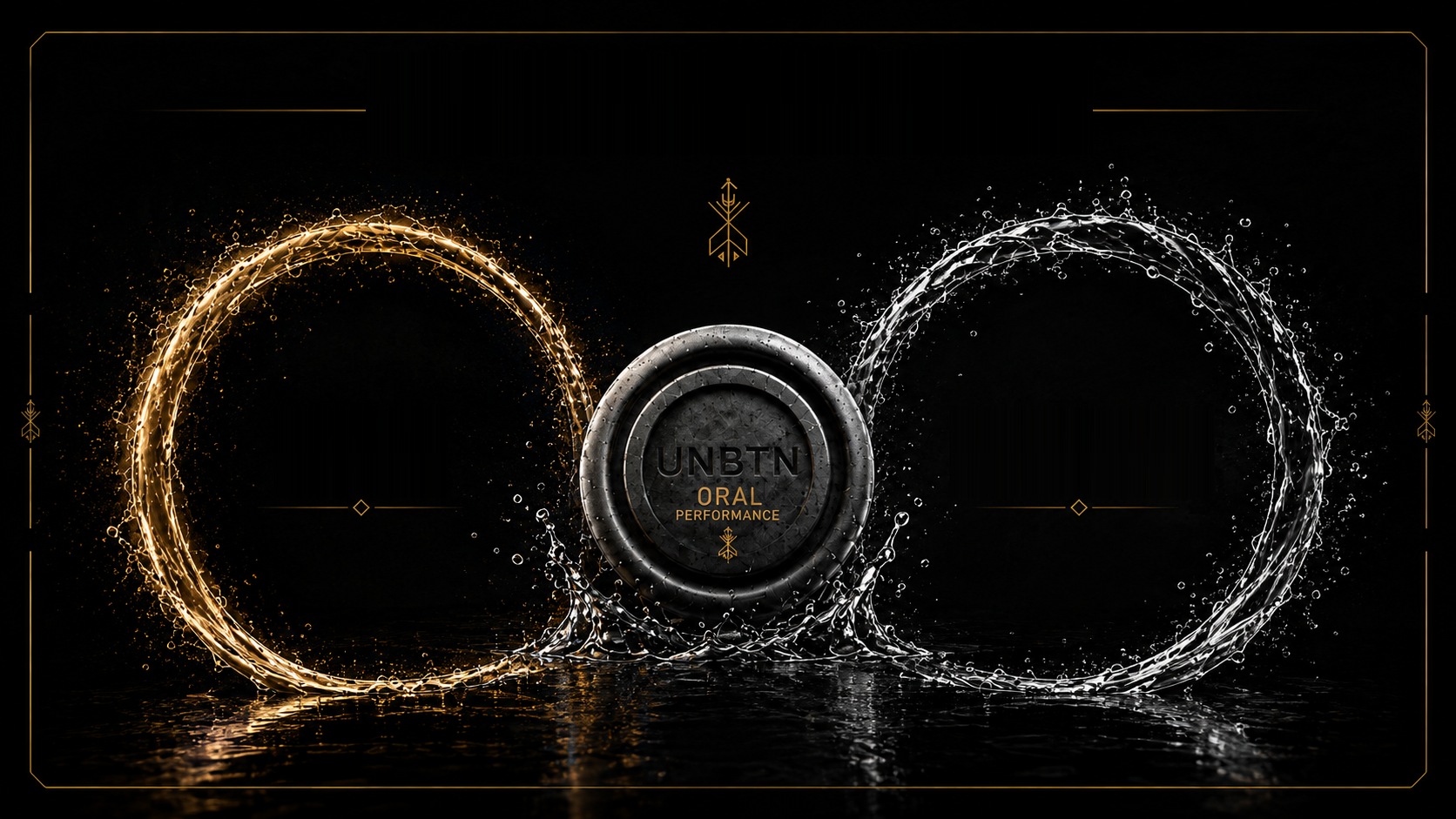 Two orbiting rings — one of gold fuel, one of water — meeting around a single UNBTN lozenge