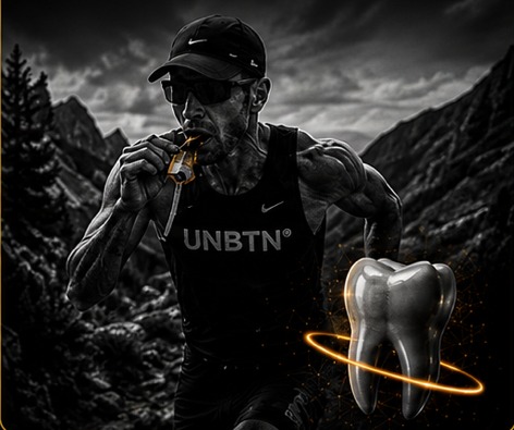 Runner in an UNBTN vest taking a gel while running through the mountains.