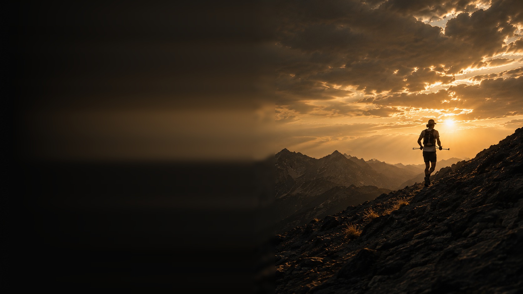 Endurance athlete climbing a mountain slope at sunset in the Pyrenees.