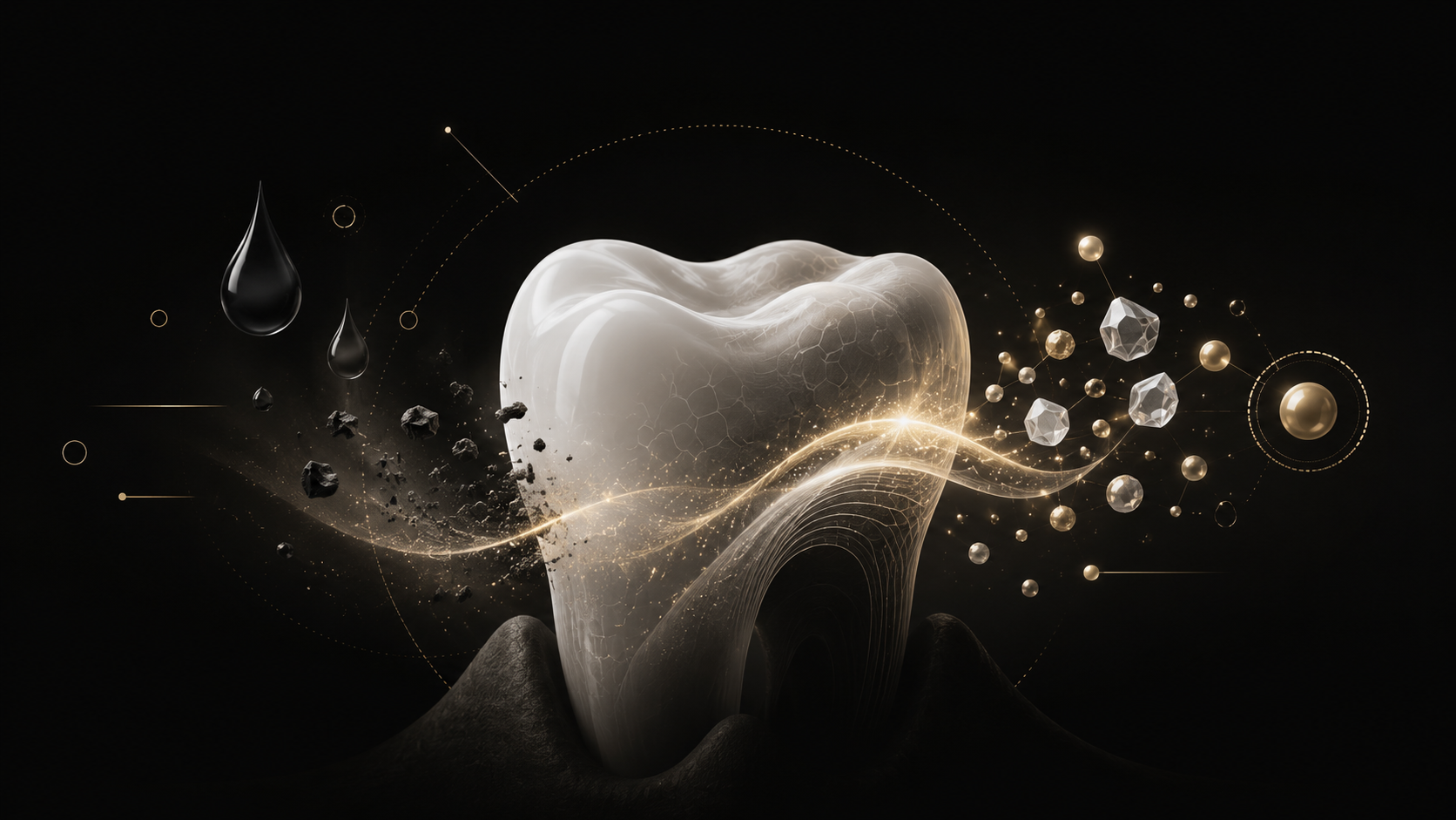 Illustration of a tooth surrounded by hydroxyapatite crystals, calcium spheres and mineral traces on a black background.