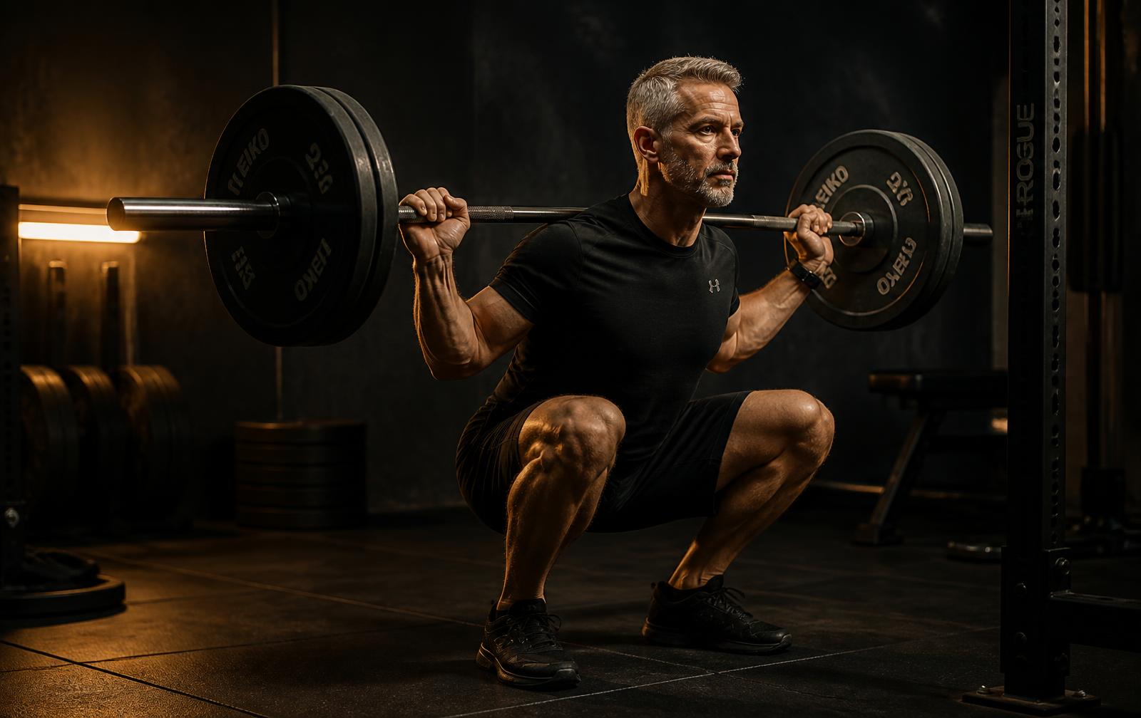 Masters athlete performing a controlled barbell back squat in a dimly lit gym.