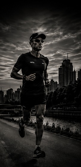 Distance runner on a riverside road with a city skyline behind.