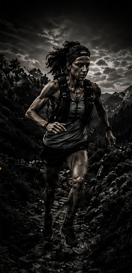Trail runner climbing a rocky mountain ridge.