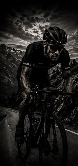 Road cyclist riding hard on a mountain pass under a heavy sky.