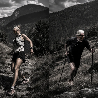 Two endurance athletes moving through the Pyrenees above Ordino, Andorra.