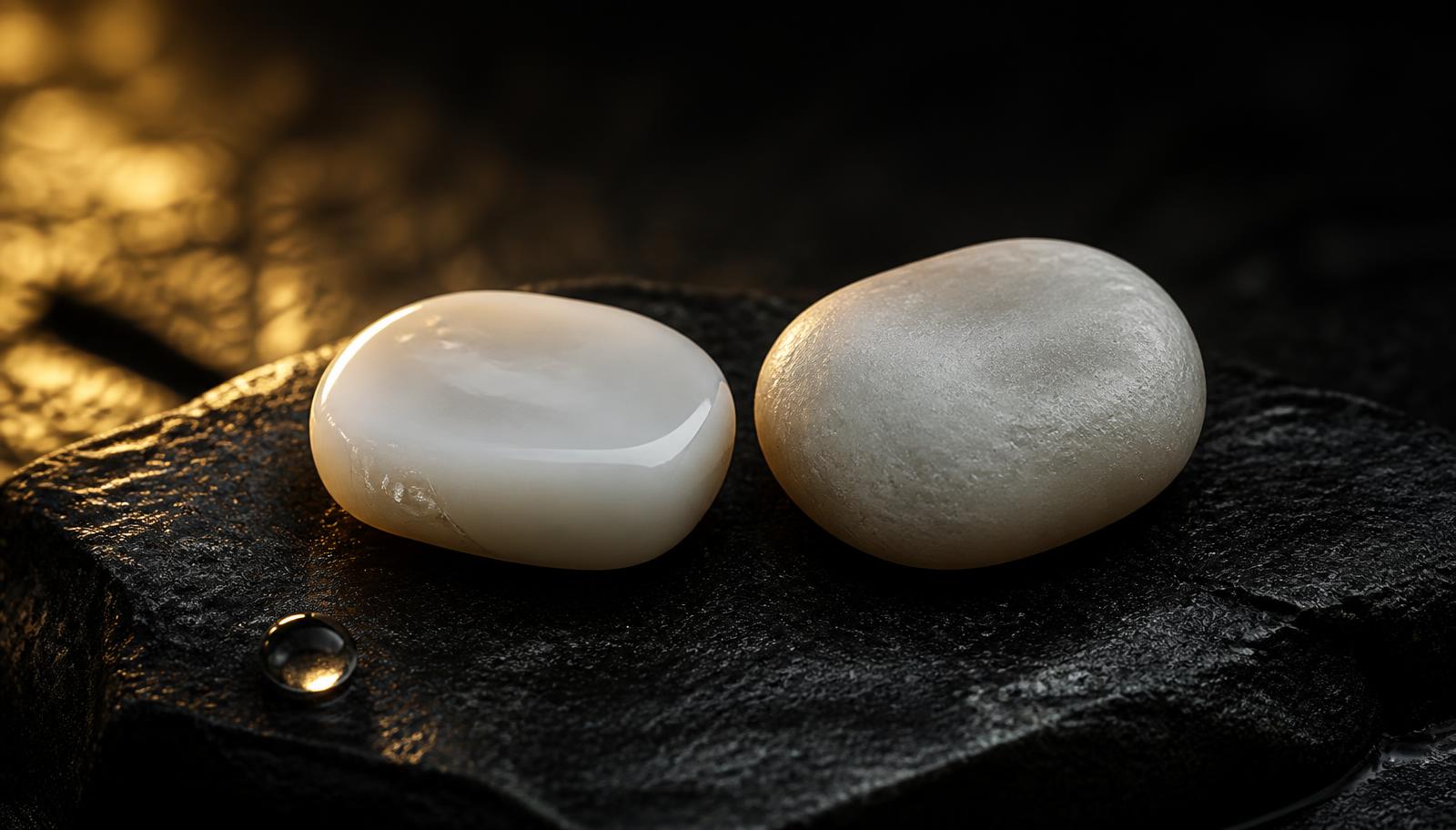 Two pale stones on dark slate — one polished, one subtly worn — as a metaphor for enamel over time.