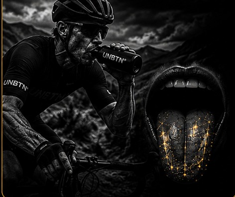 Cyclist drinking from an UNBTN bottle on a dark mountain road.