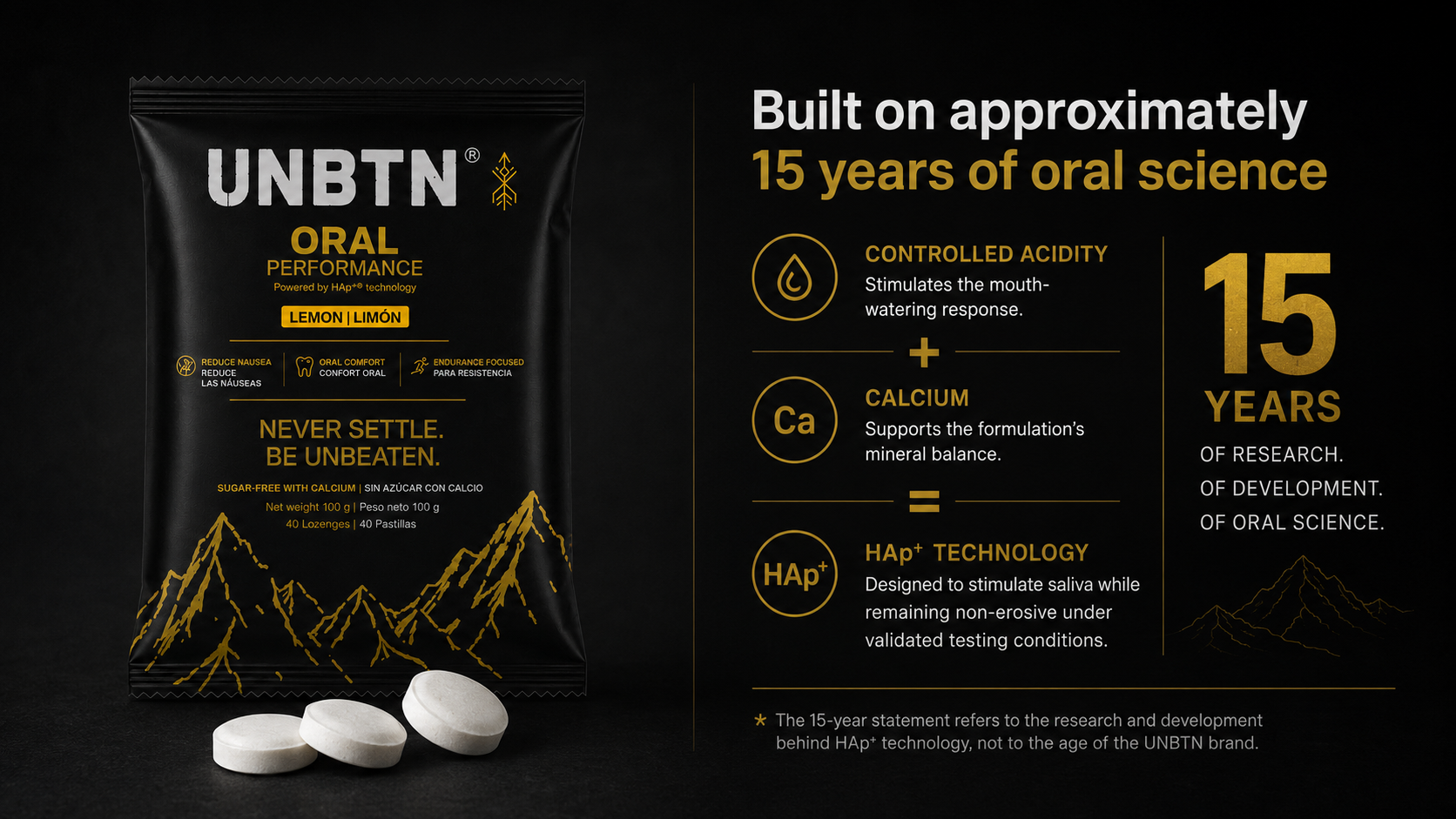 UNBTN Oral Performance pouch beside a breakdown of HAp+: controlled acidity, calcium, and 15 years of oral science.