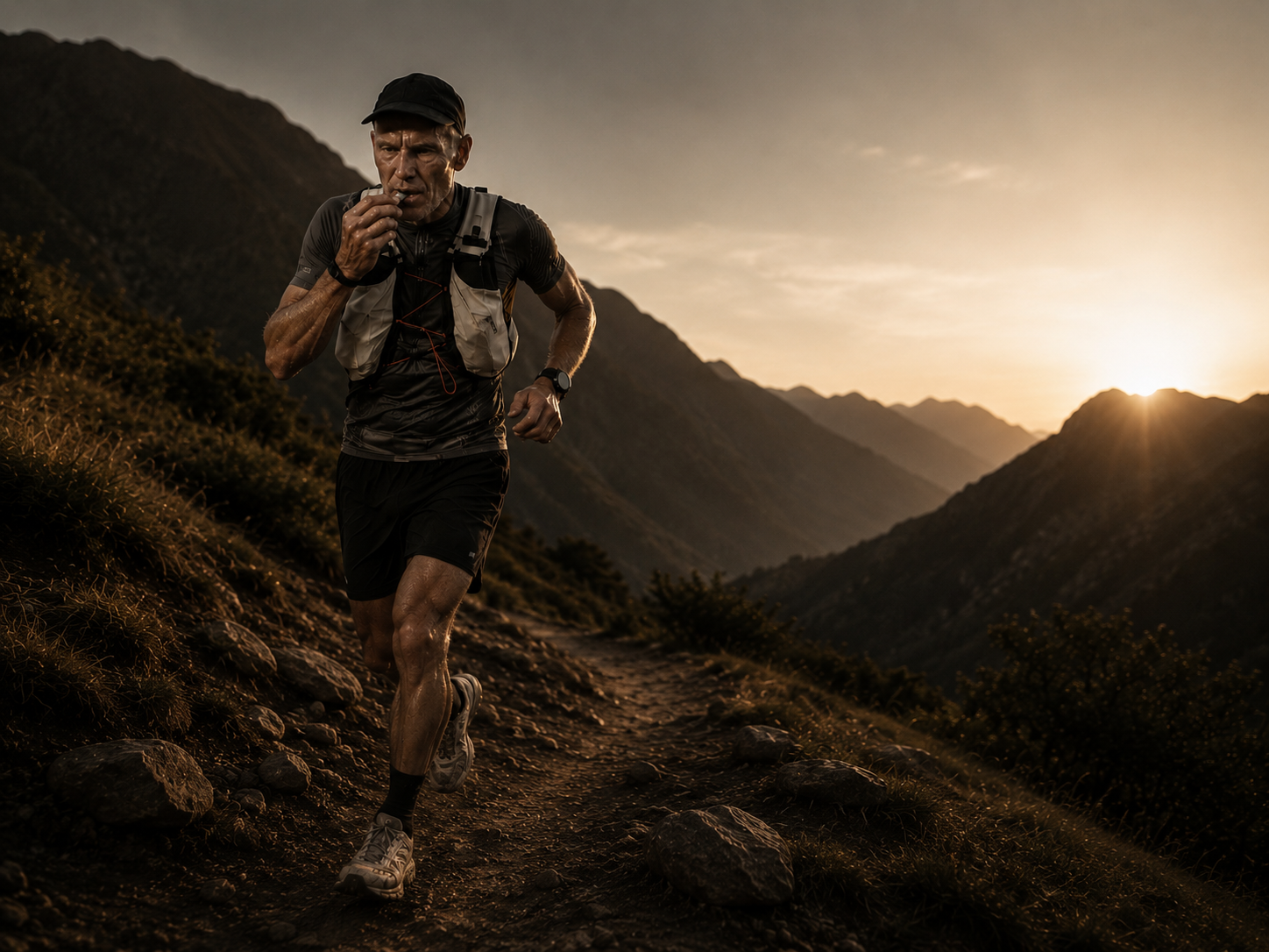 Male ultrarunner taking an UNBTN lozenge while paused on a mountain trail.